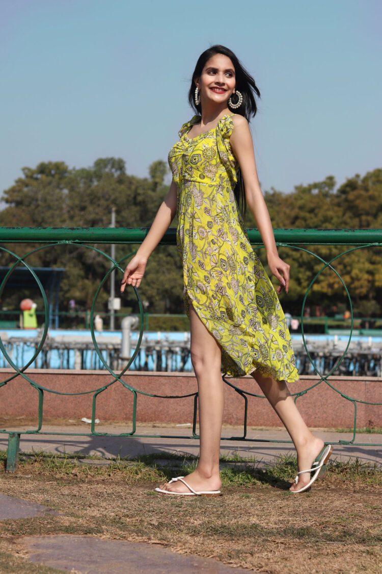 YELLOW PRINTED SLIT DRESS