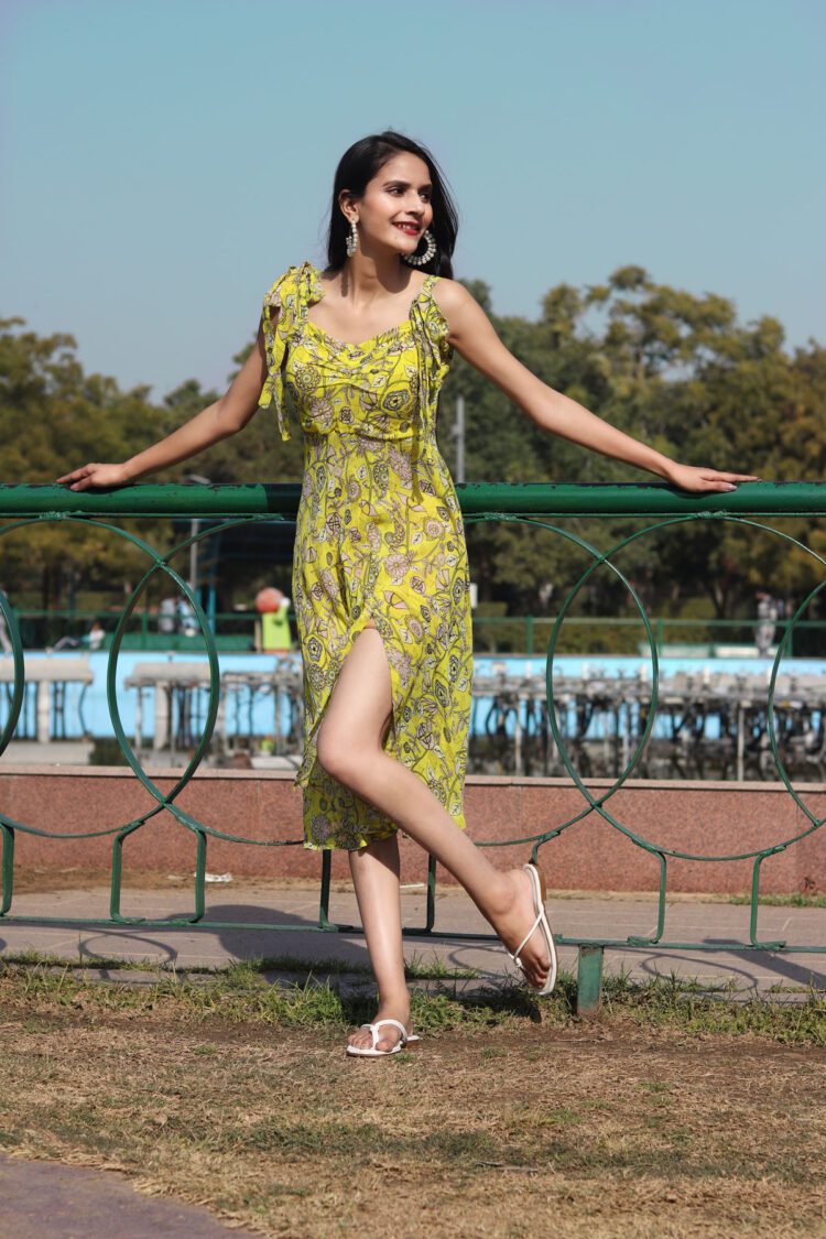 YELLOW PRINTED SLIT DRESS