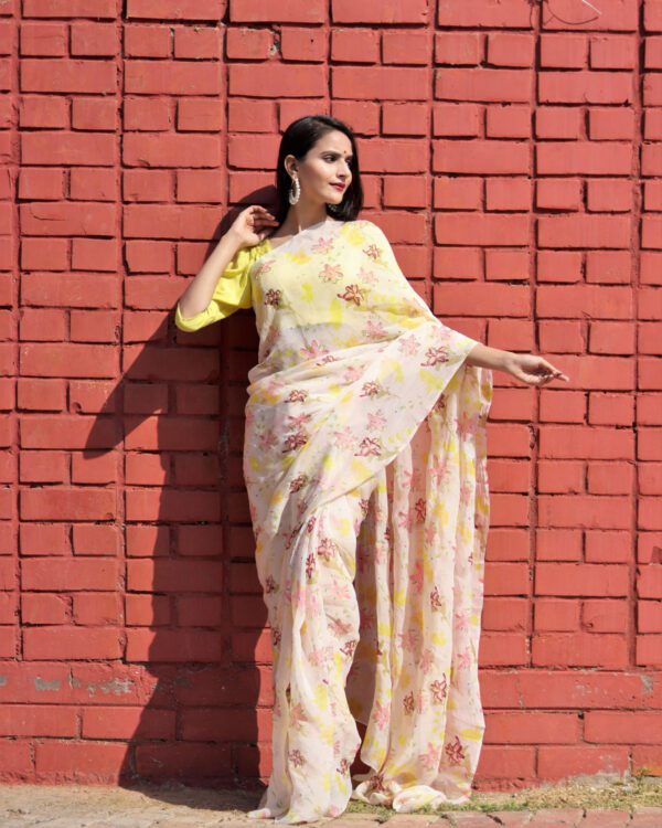 ivory floral printed organza saree