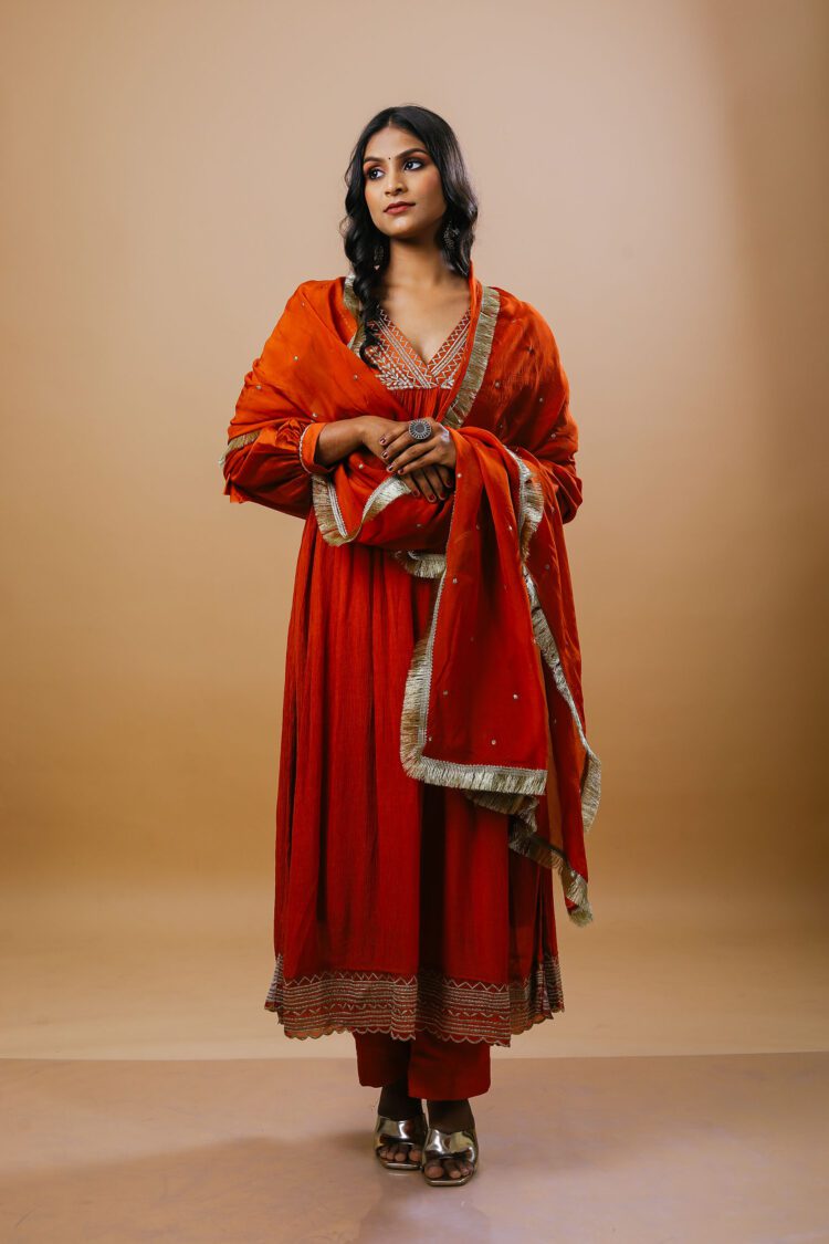 Rust Pure Chanderi Silk Suit set With Organaza Dupatta