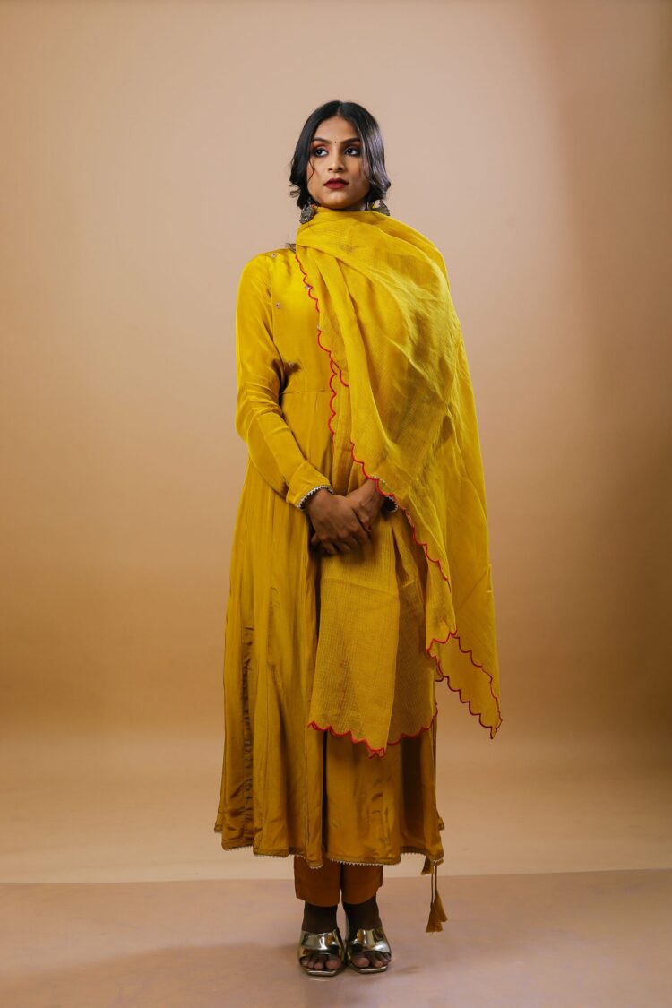 Mustard Yellow Angrakha Suit Set With Kota Doria Dupatta