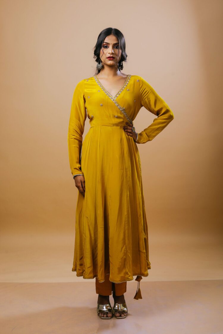Mustard Yellow Angrakha Suit Set With Kota Doria Dupatta