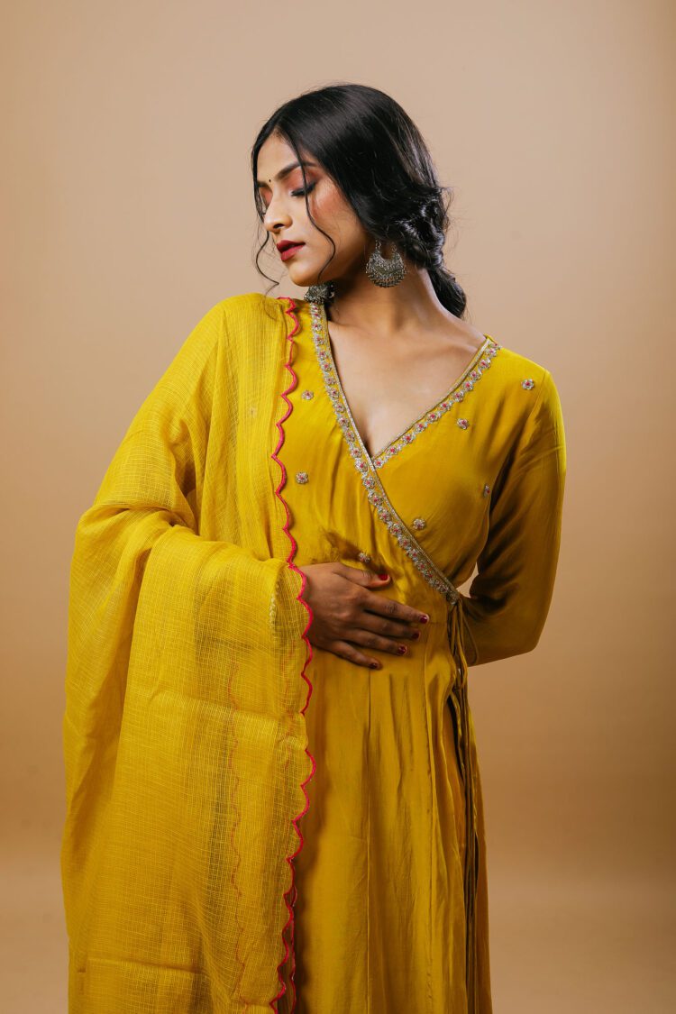 Mustard Yellow Angrakha Suit Set With Kota Doria Dupatta