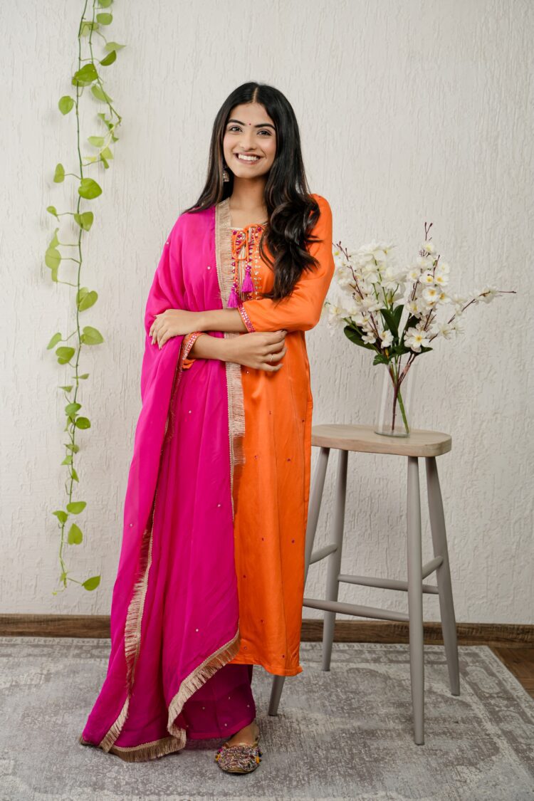 Pumpkin Orange Embroidered Satin Suit Set