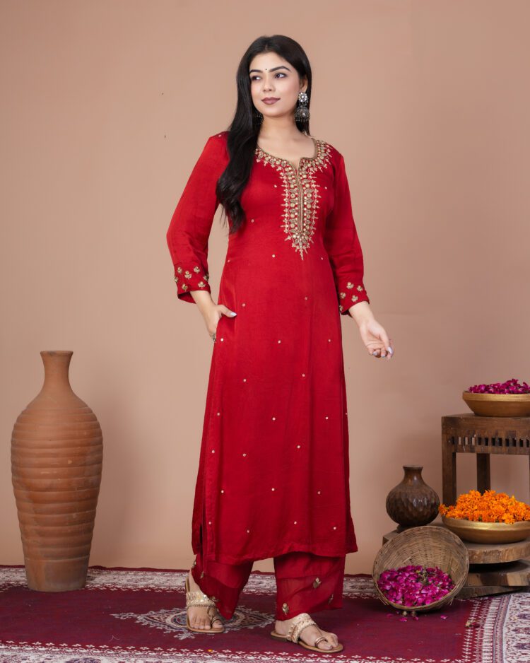 Poppy Red Satin Kurta Suit Set With Organza Dupatta