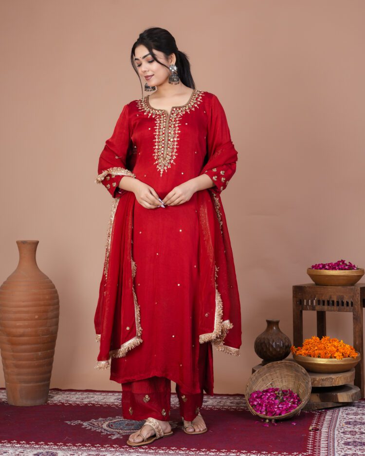 Poppy Red Satin Kurta Suit Set With Organza Dupatta