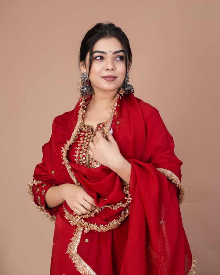 Poppy Red Satin Kurta Suit Set With Organza Dupatta
