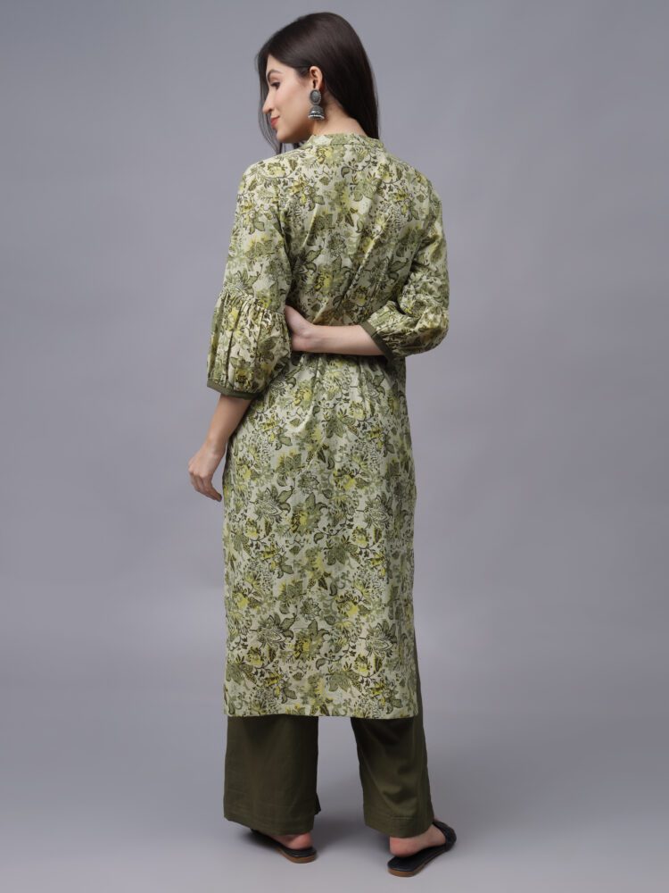 Olive Green Floral Printed Cotton Suit with Palazzo Pants