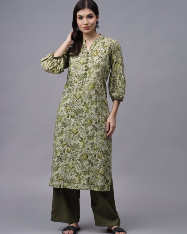 Olive Green Floral Printed Cotton Suit with Palazzo Pants