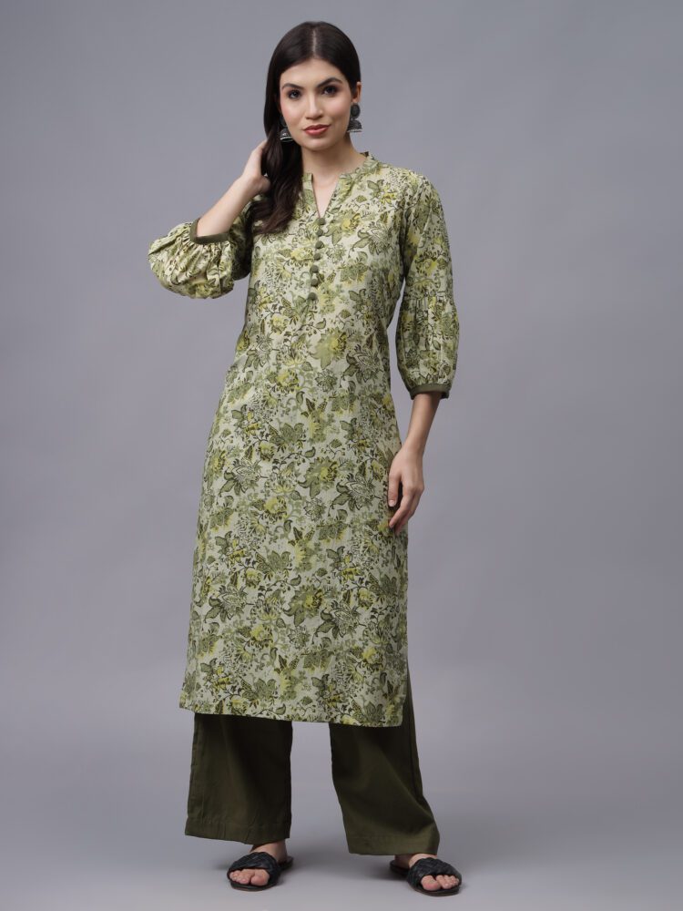 Olive Green Floral Printed Cotton Suit with Palazzo Pants