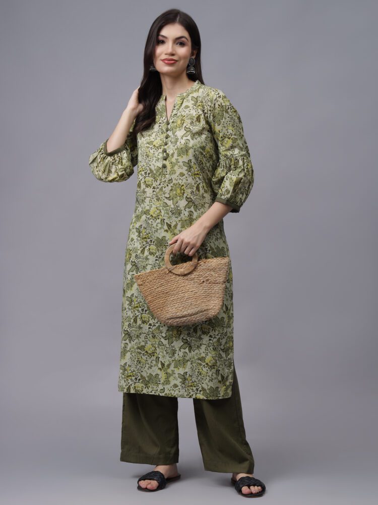 Olive Green Floral Printed Cotton Suit with Palazzo Pants