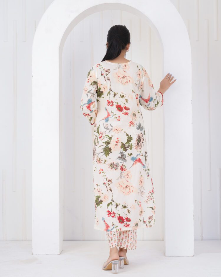 White Cotton Floral Kurta Pant Set