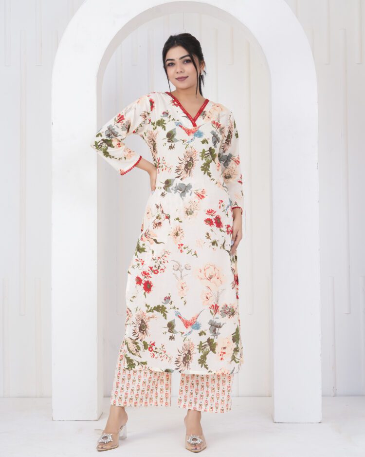 White Cotton Floral Kurta Pant Set