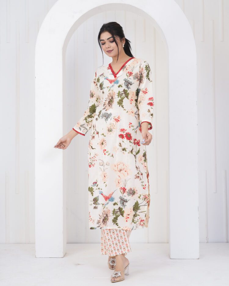 White Cotton Floral Kurta Pant Set
