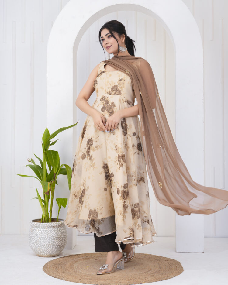 Ivory Floral Anarkali Suit Set
