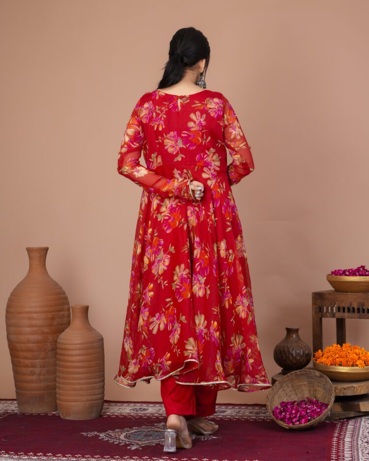 Red Floral Anarkali Suit Set