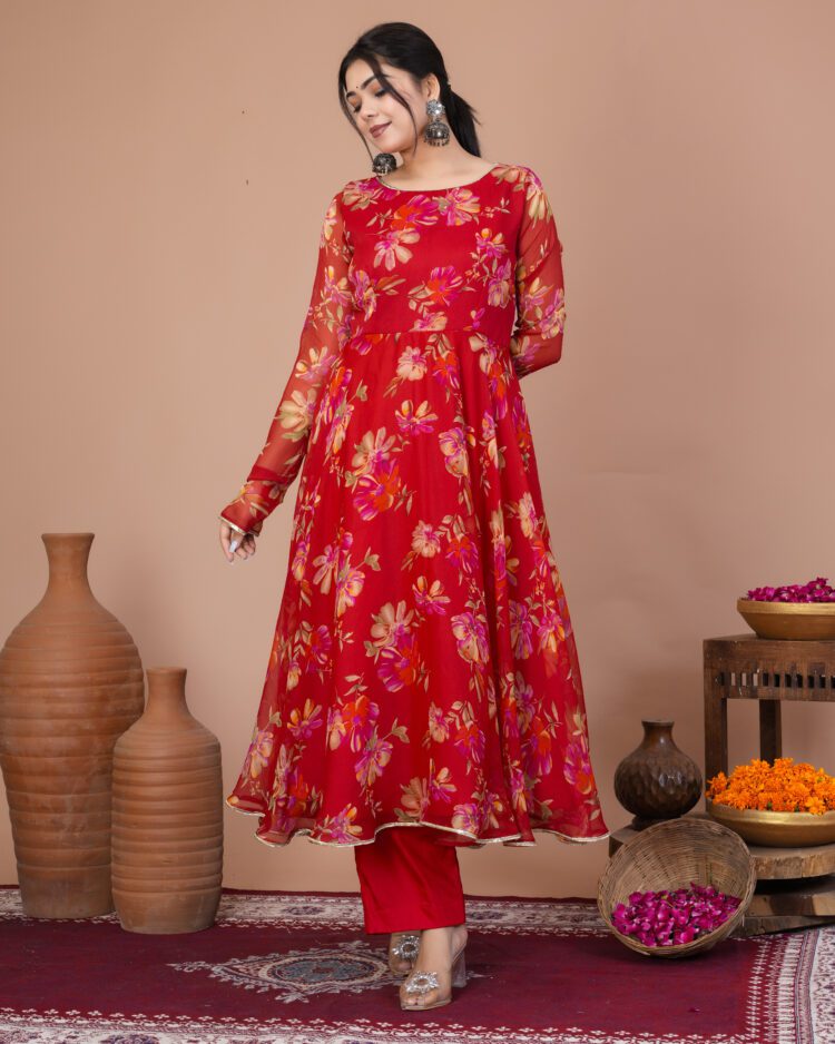 Red Floral Anarkali Suit Set