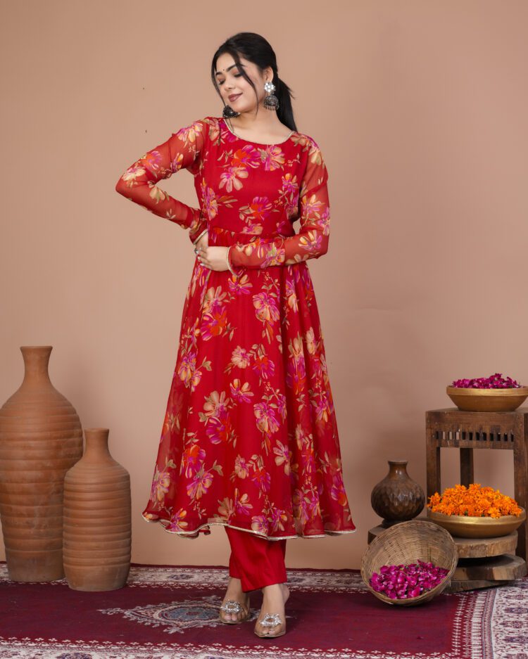 Red Floral Anarkali Suit Set