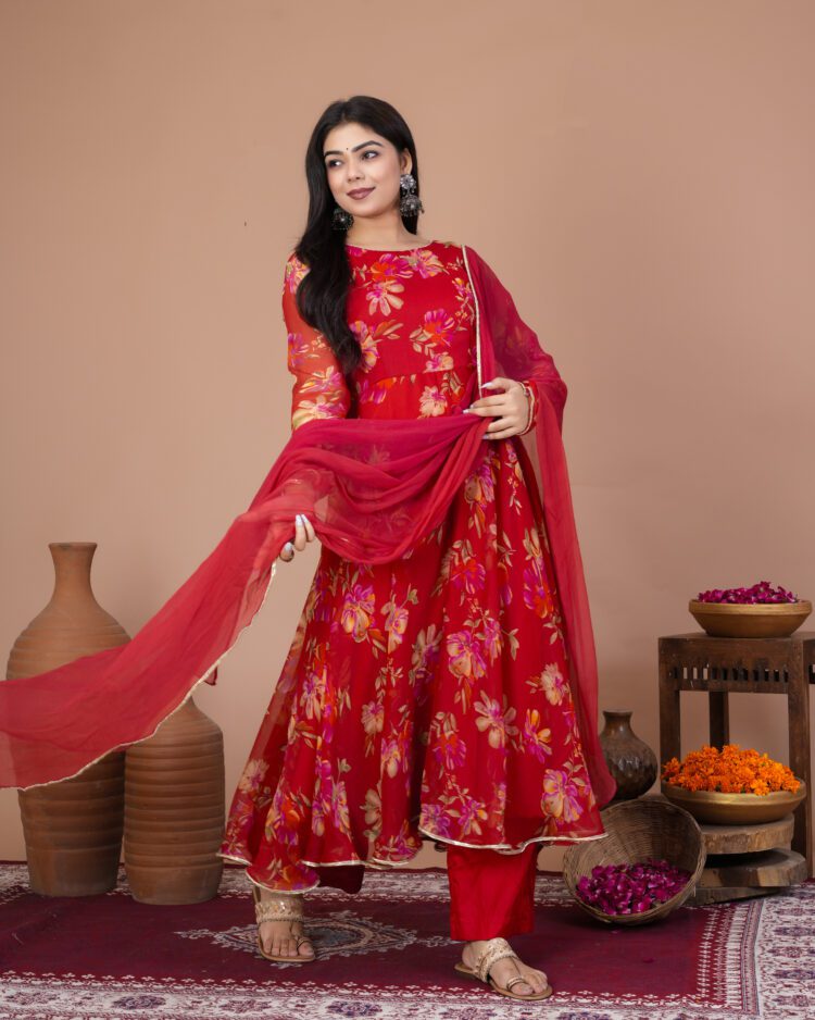 Red Floral Anarkali Suit Set
