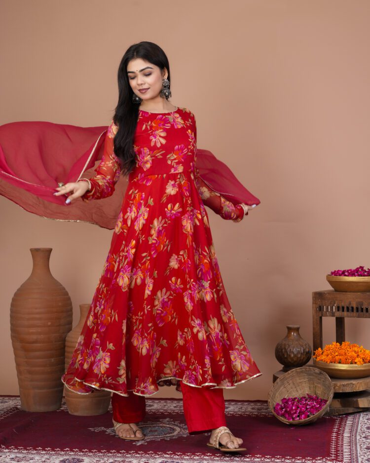 Red Floral Anarkali Suit Set