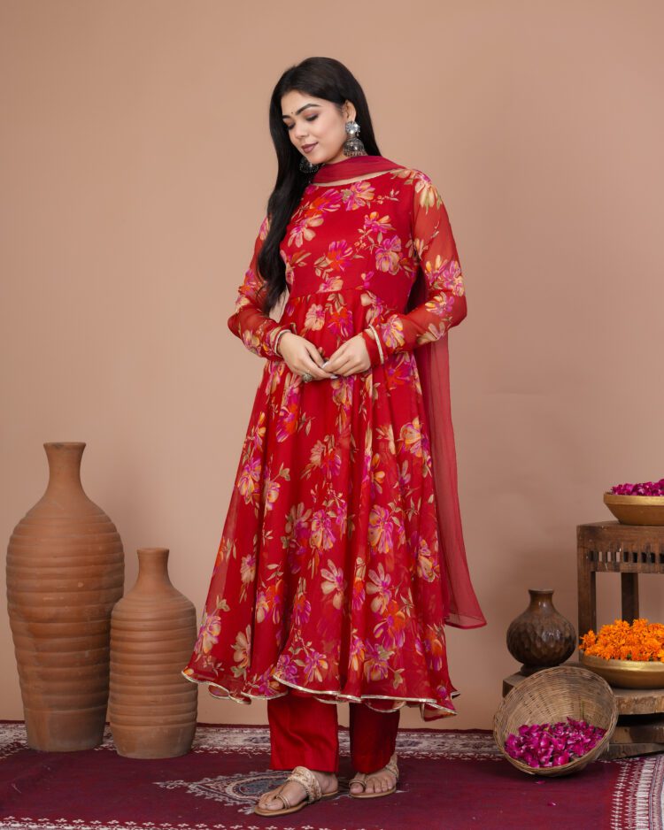 Red Floral Anarkali Suit Set