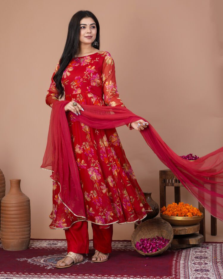 Red Floral Anarkali Suit Set