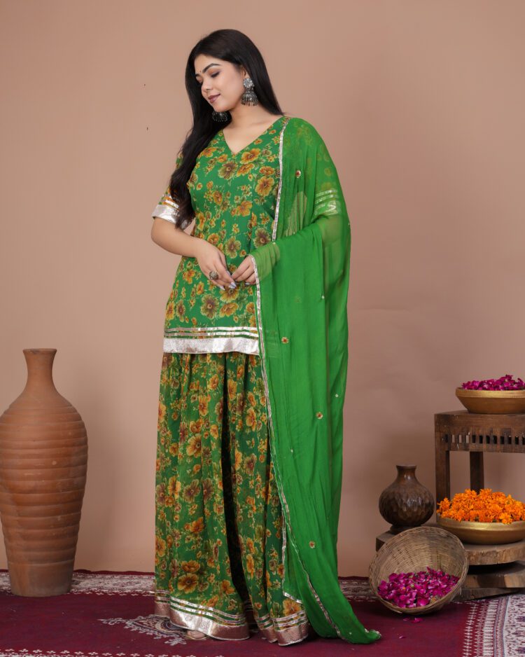 Floral Green Skirt with Kurti Set