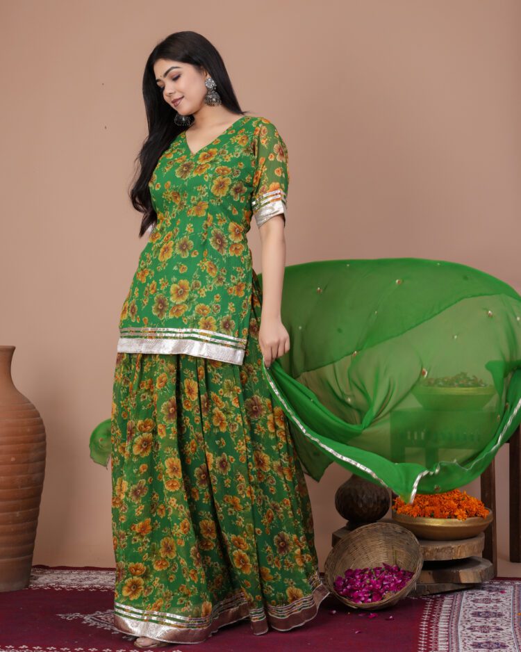 Floral Green Skirt with Kurti Set