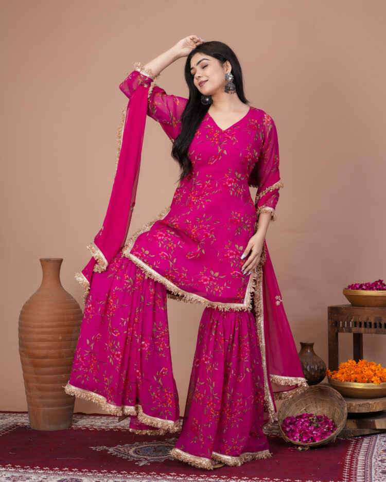 Fuchsia Pink Floral Sharara Suit Set