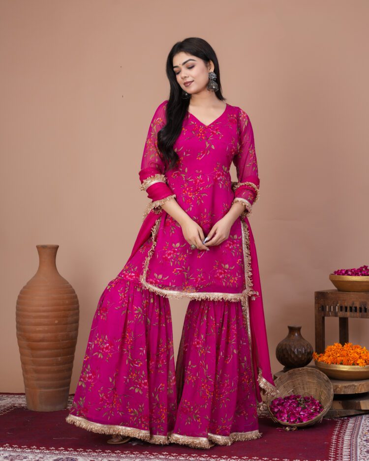 Fuchsia Pink Floral Sharara Suit Set