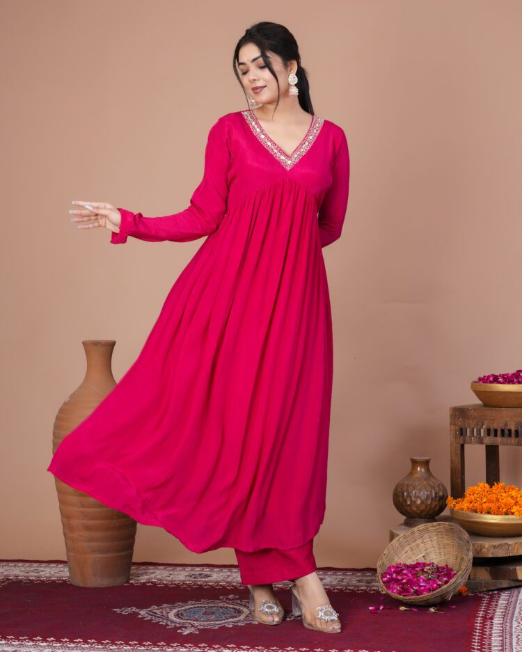 Fuchsia Pink Pleated Anarkali Suit Set With Organza Dupatta