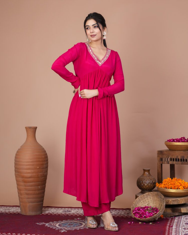 Fuchsia Pink Pleated Anarkali Suit Set With Organza Dupatta
