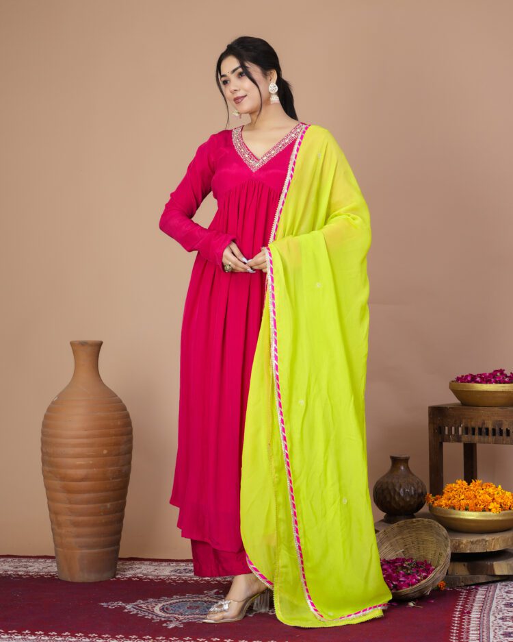 Fuchsia Pink Pleated Anarkali Suit Set With Organza Dupatta