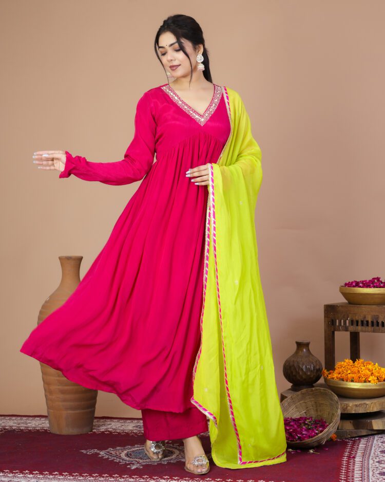 Fuchsia Pink Pleated Anarkali Suit Set With Organza Dupatta