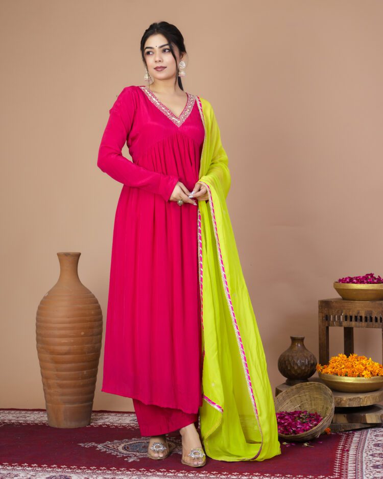 Fuchsia Pink Pleated Anarkali Suit Set With Organza Dupatta