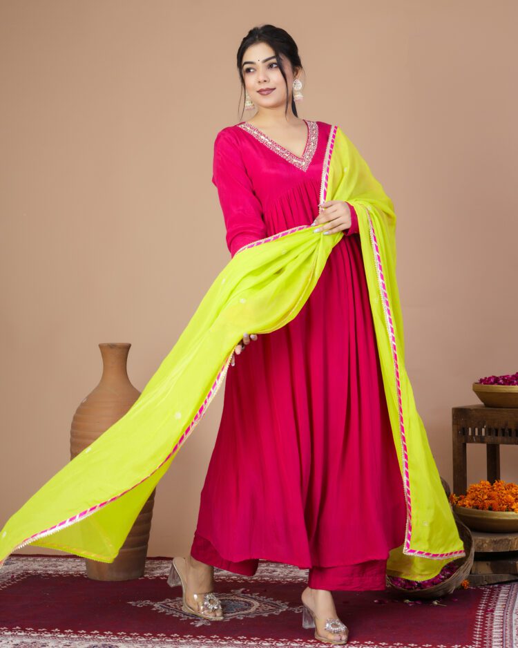 Fuchsia Pink Pleated Anarkali Suit Set With Organza Dupatta