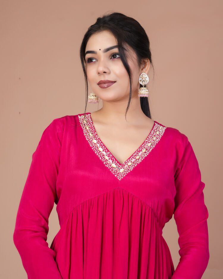 Fuchsia Pink Pleated Anarkali Suit Set With Organza Dupatta