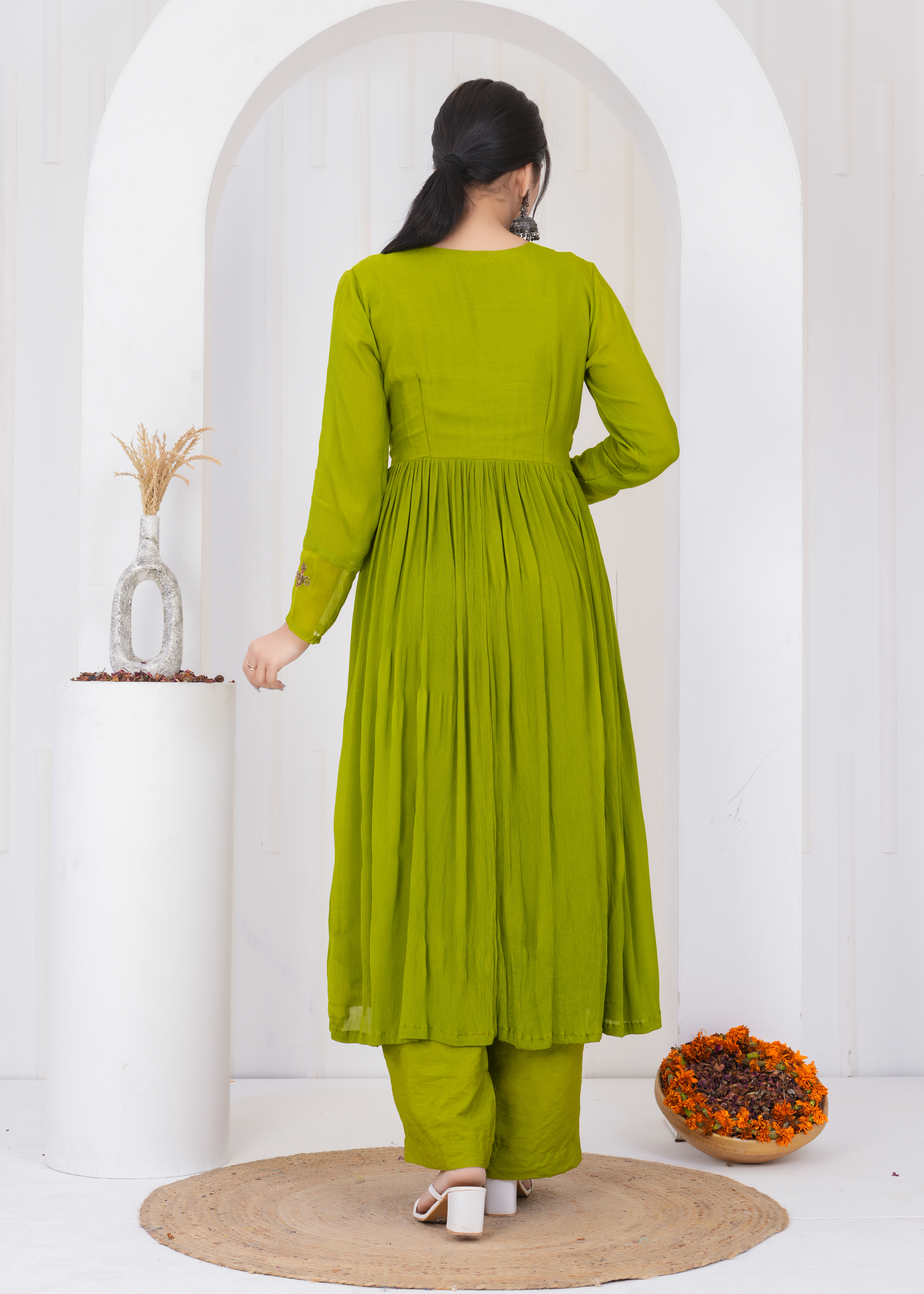 Emerald Chiffon Kurta Suit Set with Embroidered Organza Dupatta
