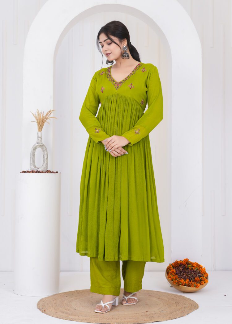 Emerald Chiffon Kurta Suit Set with Embroidered Organza Dupatta