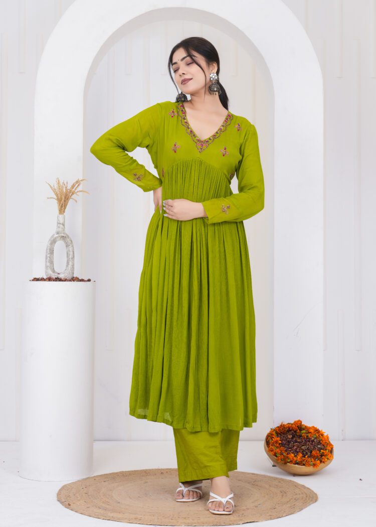 Emerald Chiffon Kurta Suit Set with Embroidered Organza Dupatta