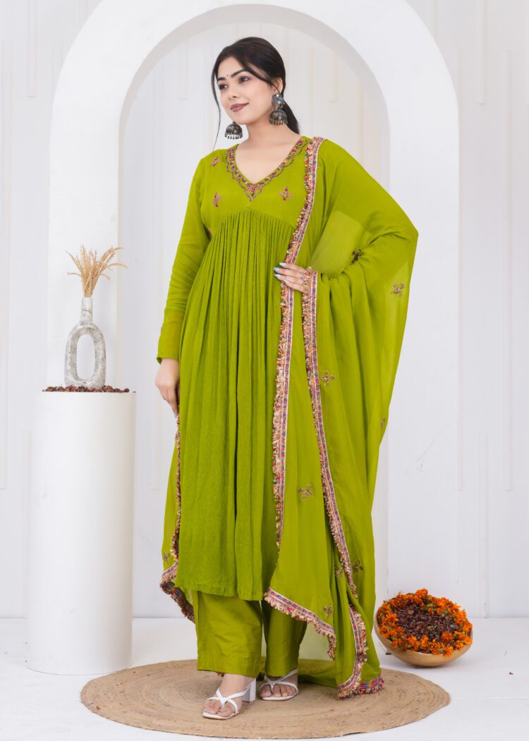 Emerald Chiffon Kurta Suit Set with Embroidered Organza Dupatta