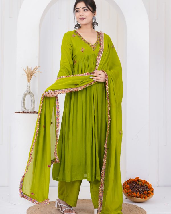 Emerald Chiffon Kurta Suit Set with Embroidered Organza Dupatta