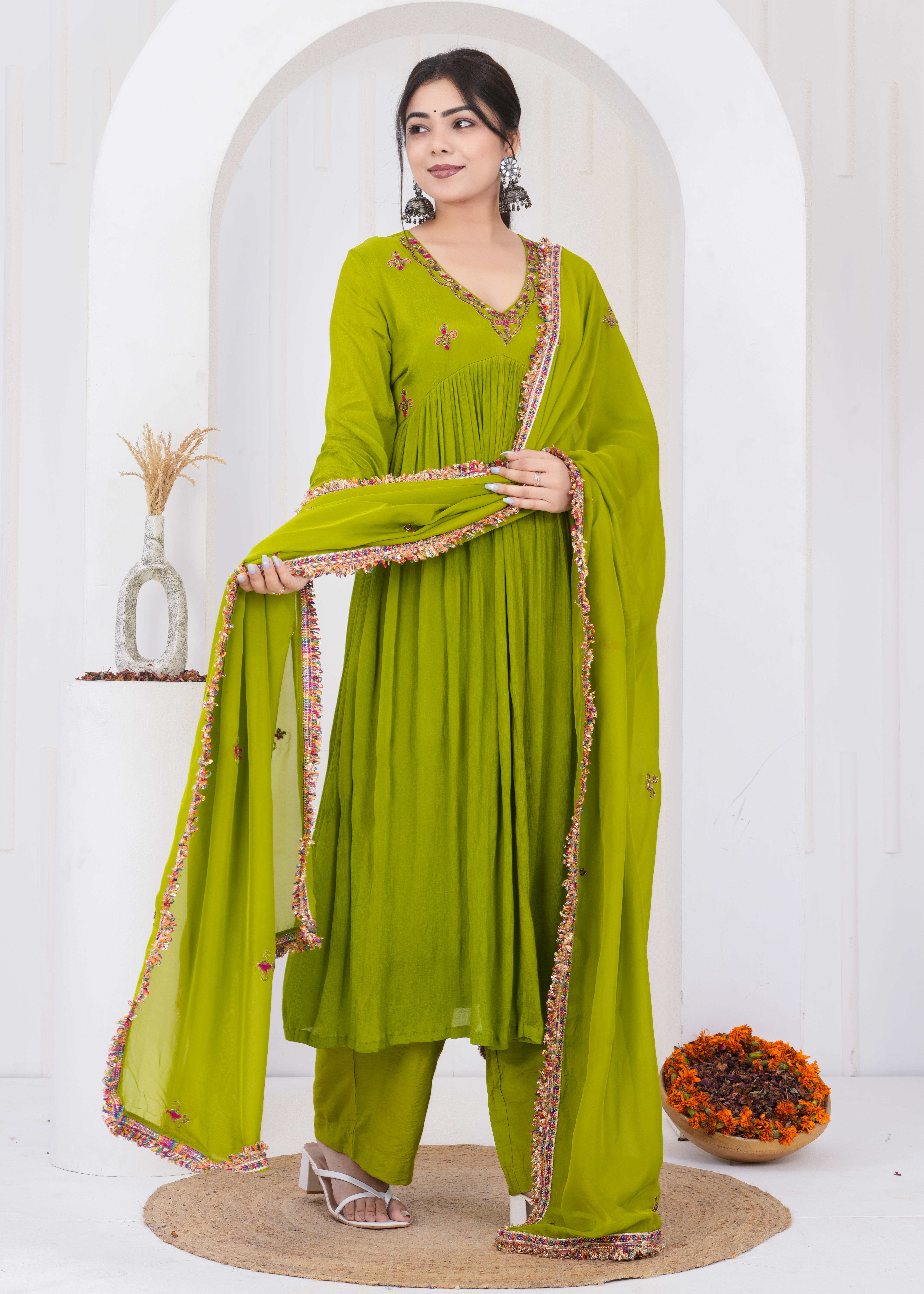 Emerald Chiffon Kurta Suit Set with Embroidered Organza Dupatta