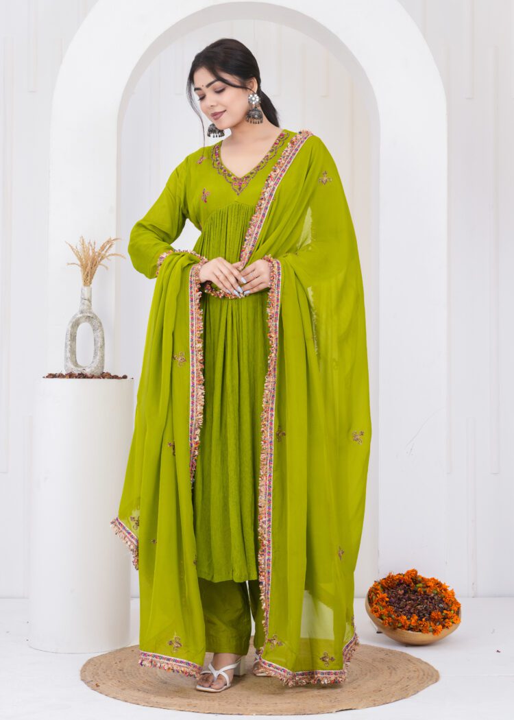 Emerald Chiffon Kurta Suit Set with Embroidered Organza Dupatta