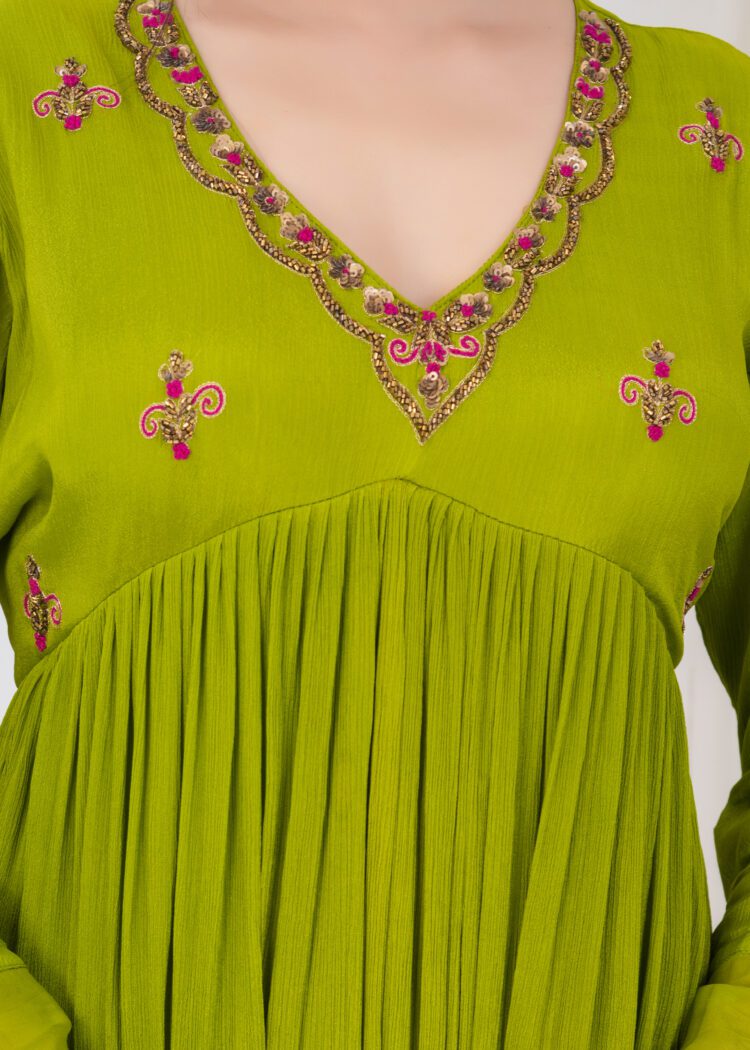 Emerald Chiffon Kurta Suit Set with Embroidered Organza Dupatta