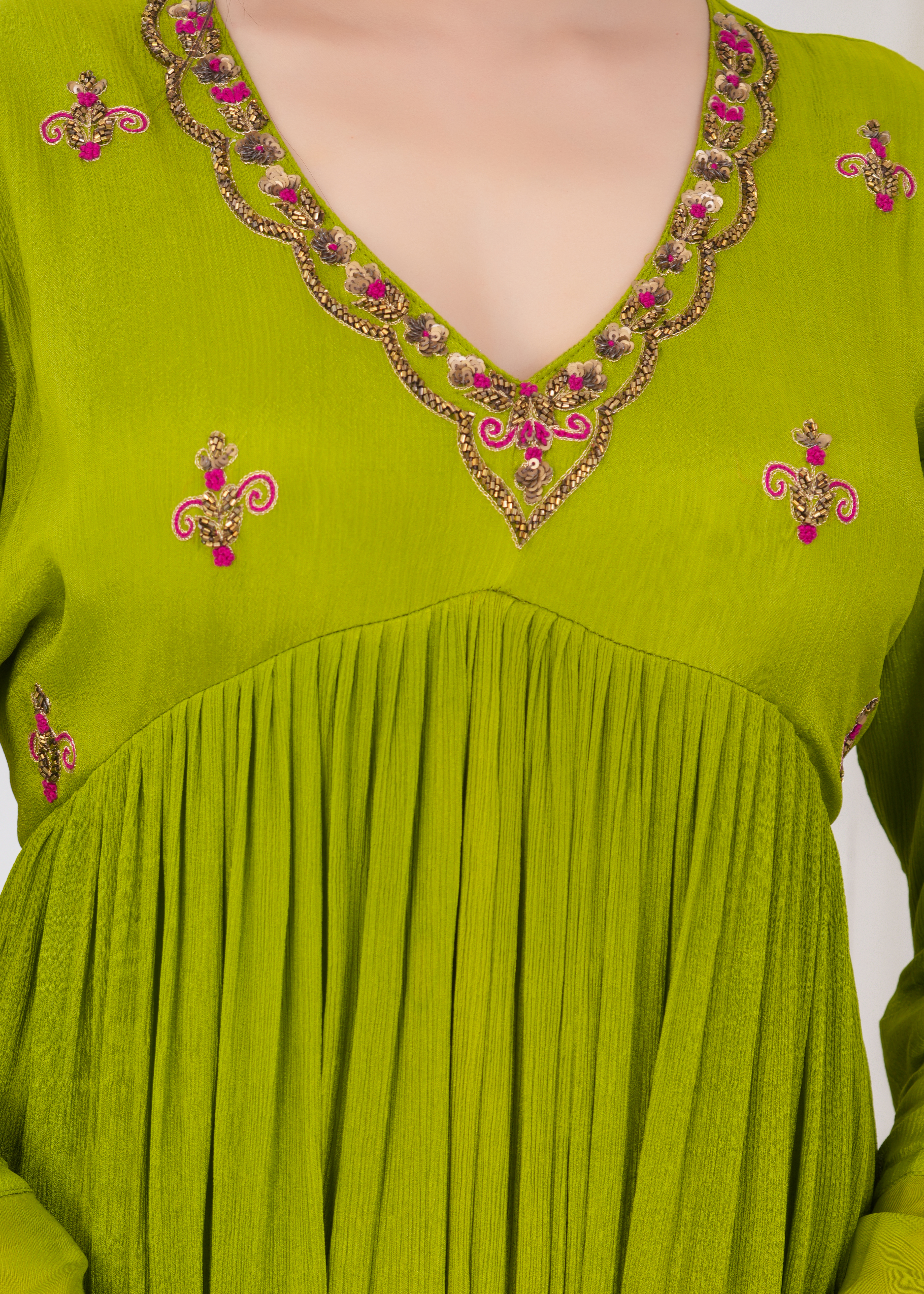 Emerald Chiffon Kurta Suit Set with Embroidered Organza Dupatta