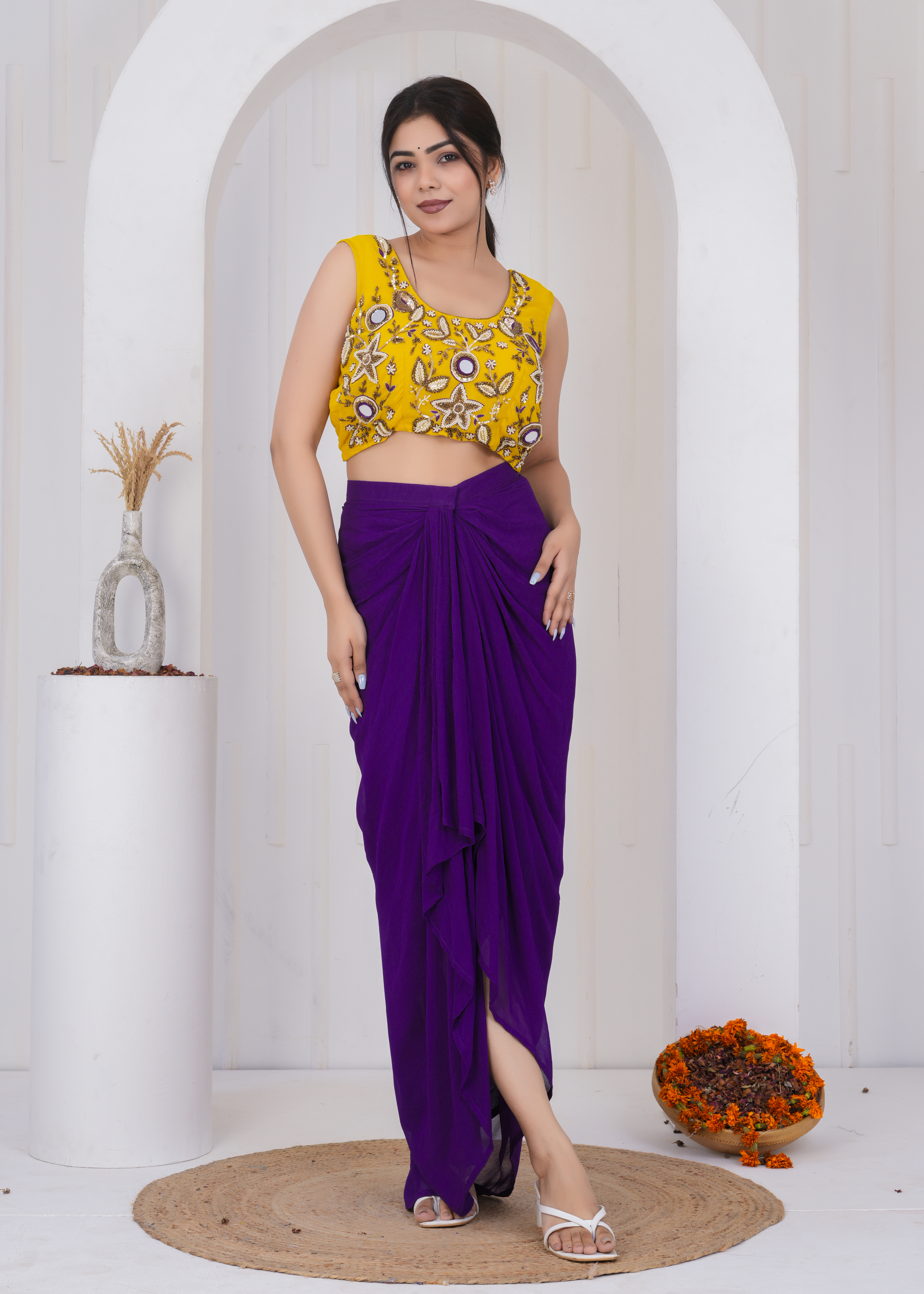 Mustard Mirror Embroidered Blouse With Plum Draped Skirt And Shrug Set