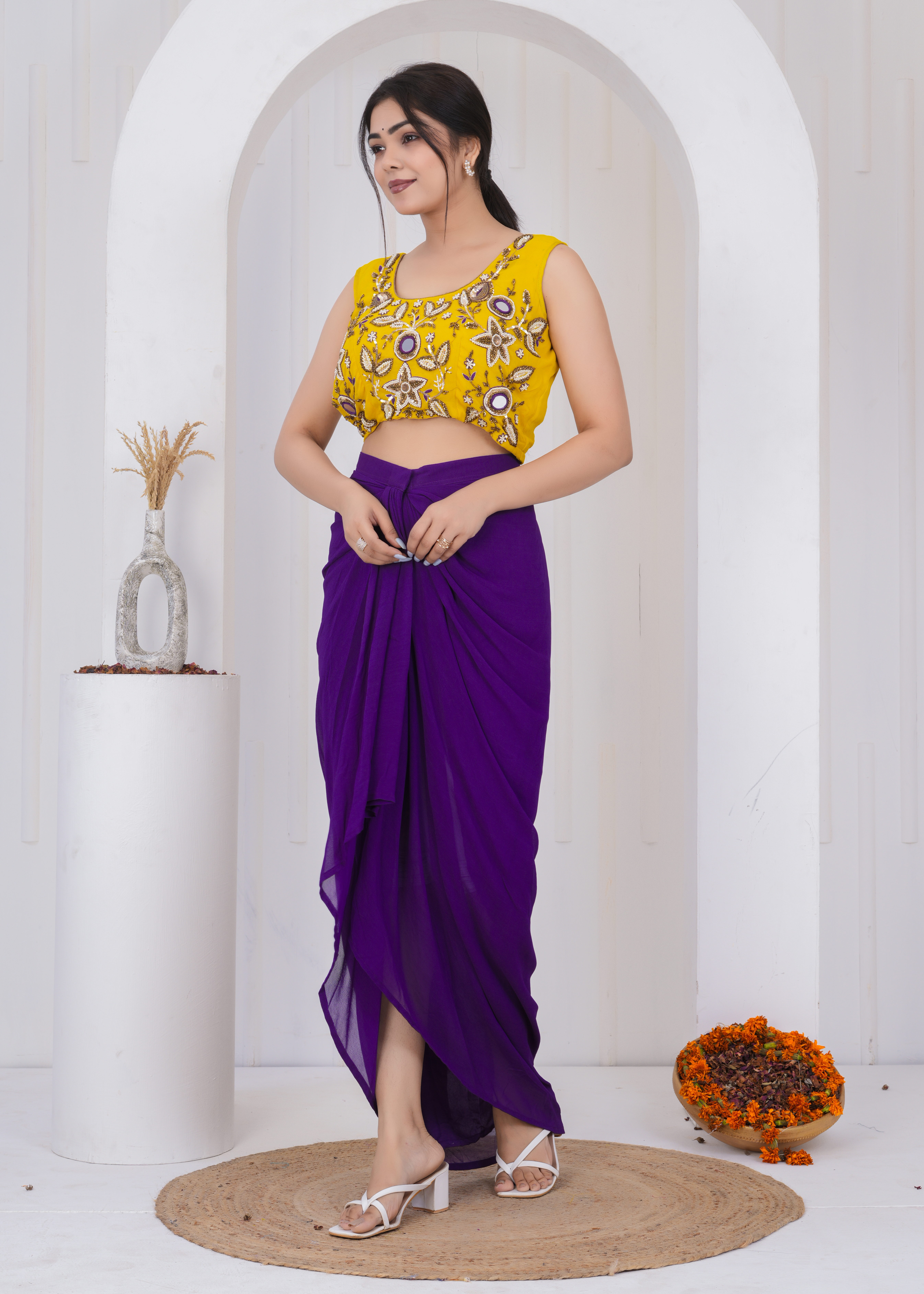 Mustard Mirror Embroidered Blouse With Plum Draped Skirt And Shrug Set