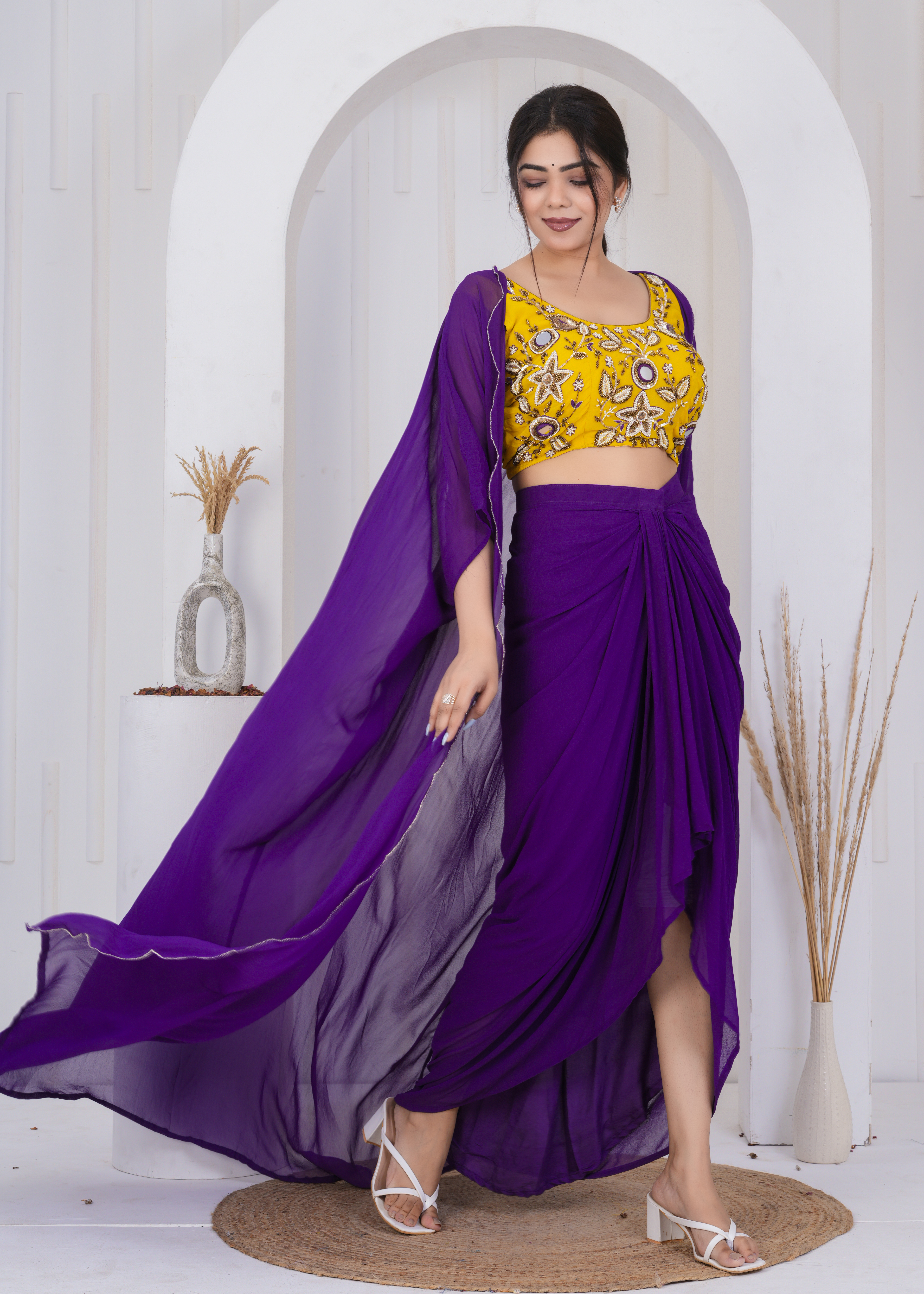 Mustard Mirror Embroidered Blouse With Plum Draped Skirt And Shrug Set