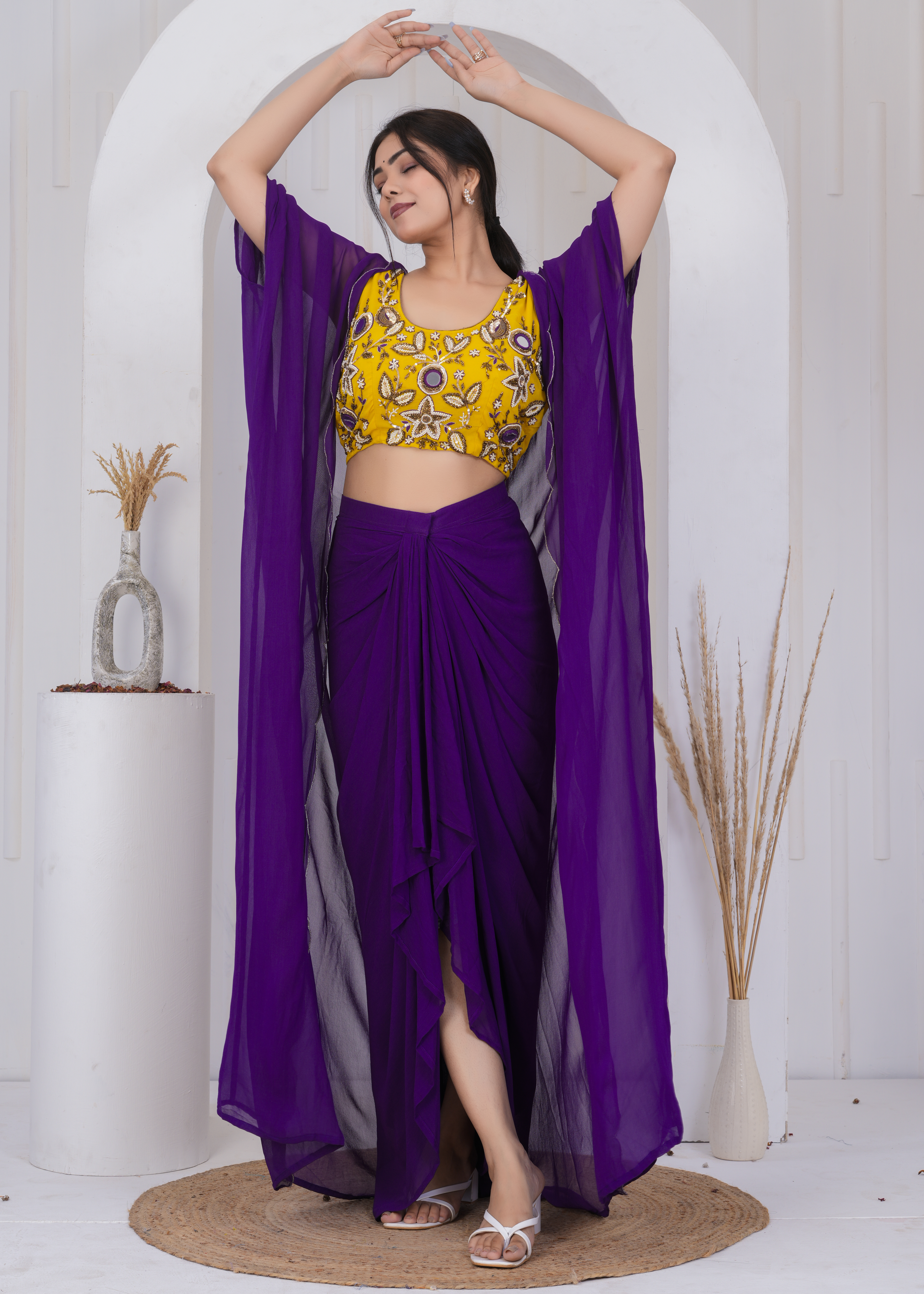 Mustard Mirror Embroidered Blouse With Plum Draped Skirt And Shrug Set